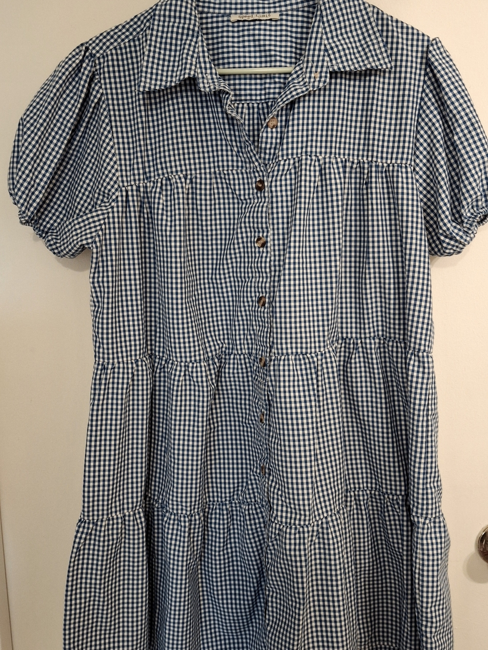 Speed Limit Mph  Blue Gingham Tiered Button-Front Casual Dress with Collar